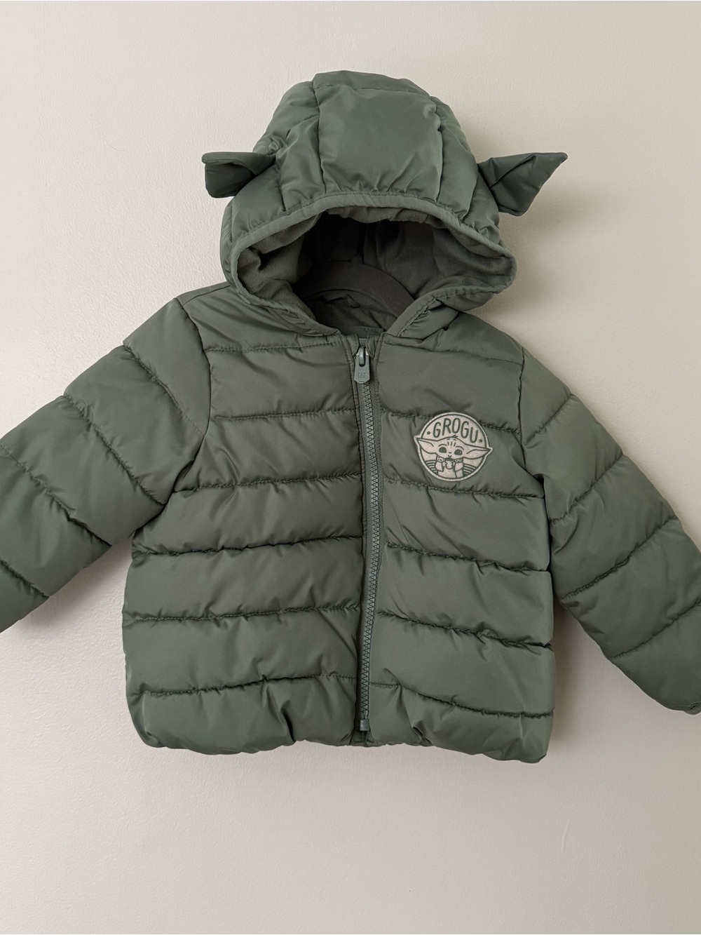 GAP Grogu Star Wars Olive Green Kids Puffer Jacket with Hooded Ears